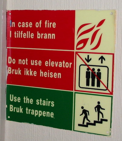 Funny Signconsuming Experience on An In Case Of Fire Sign Next To The Hotel Elevator At Skogstad Hotel