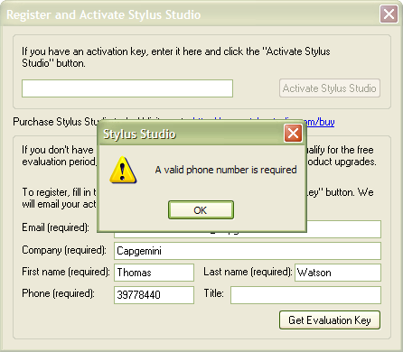 Stylus Studio registration form error