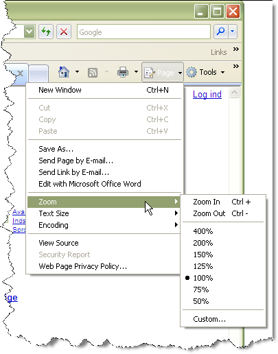 Screenshot showing the Internet Explorer 7 zoom functionality