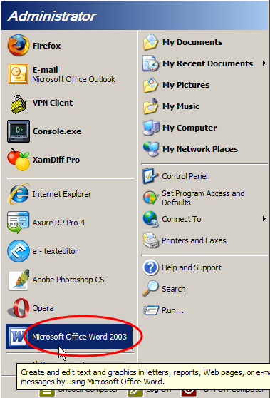 screenshot of windows start menu showing internet explorer, axure, adobe photoshop, opera and microsoft word